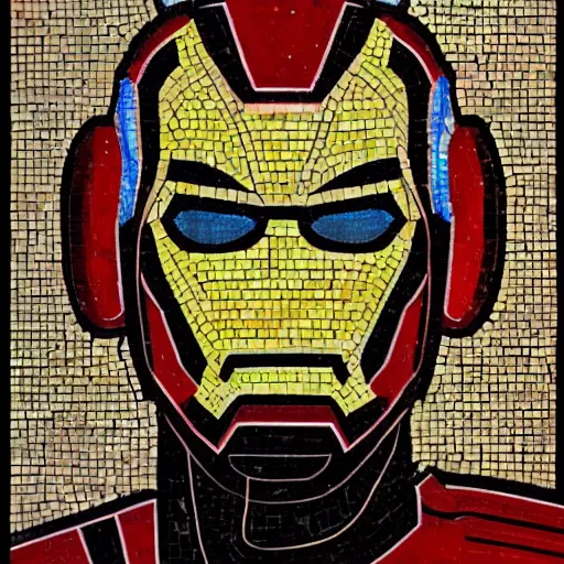 Image similar to mosaic portrait of iron man with robot ears by Saimir Strati, 4k, intricate details, fire in the background