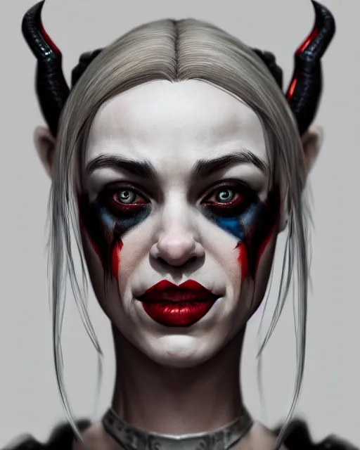 Prompt: harley quinn spider queen portrait, au naturel, hyper detailed, digital art, trending in artstation, cinematic lighting, studio quality, smooth render, unreal engine 5 rendered, octane rendered, art style by klimt and nixeu and ian sprigger and wlop and krenz cushart.