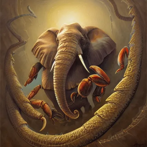 Image similar to elephant - crab creature, oil painting by justin gerard, deviantart