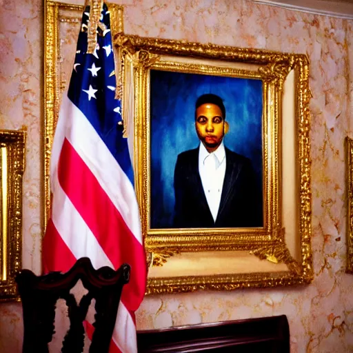 Prompt: president photo of Nicki Minaj real portrait, flag of Argentina behind, background out of focus, in the presidential room,