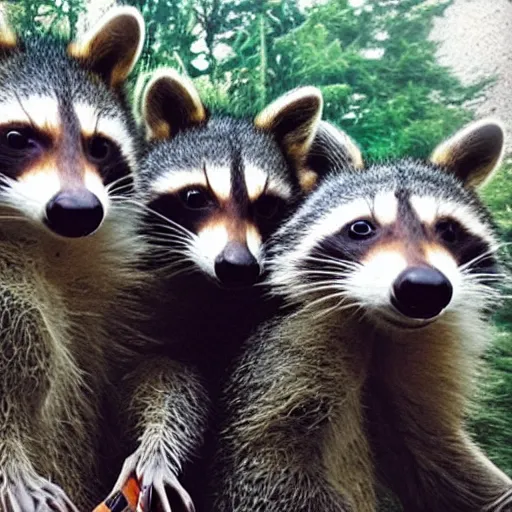 Image similar to selfie of three Racoons in a trenchcoat