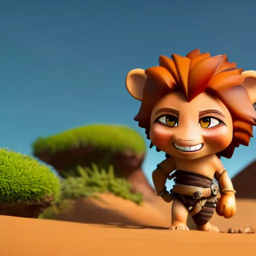 Prompt: antropomorphic knight lion warrior as nendoroid walking in a desert in the croods movie style, anime, disney, pixar, 8 k, hd, dof, kodak film, volumetric lighting, subsurface scattering, photorealistic, octane render, details