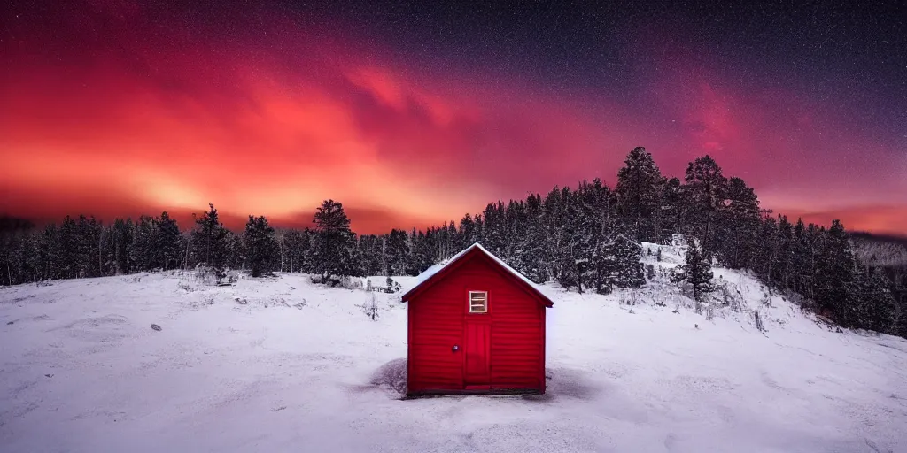 Image similar to stunning photo of landscape with an red cabin on a mountain by mikko lagerstedt