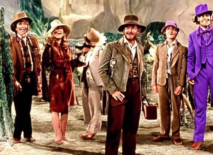 Image similar to film still of indiana jones in Willy Wonka's and the Chocolate Factory 1971