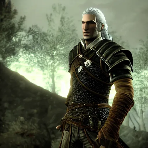 Prompt: Geralt of Rivia in Dark Souls, screenshot, ps3 videogame