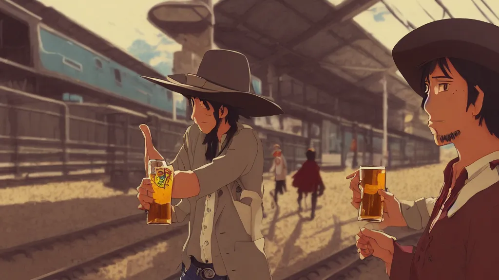 Image similar to anime illustration of illustration of a mexican man,, with one small, dirt, wild west, with hat, drinking a beer at train station, by makoto shinkai, ilya kuvshinov, lois van baarle, rossdraws, basquiat, studio ghibli, global illumination ray tracing hdr