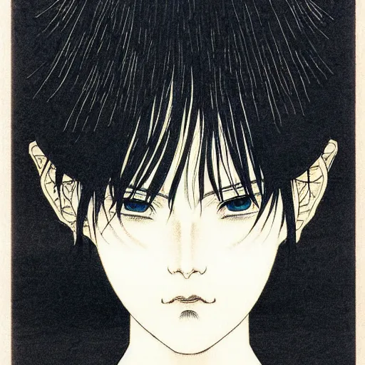 Image similar to prompt: Fragile looking soft light portrait face drawn by Takato Yamamoto and Katsuhiro Otomo, inspired by Ghost in Shell anime, magical and alchemical objects on the side, soft light, monochrome background, intricate detail, intricate ink painting detail, sharp high detail, manga and anime 2000