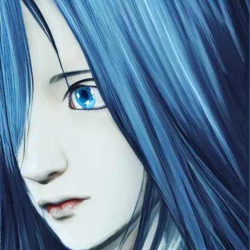 Image similar to full face shot of rimuru tempest, sky blue straight hair, long bangs, with amber eyes, wearing a fancy black jacket, high collar, ultra detailed, brush strokes, digital painting, cinematic, wlop artstation, closeup, pixiv, eerie, scary, intimidating glare, evil, yoshitaka amano, junji ito,