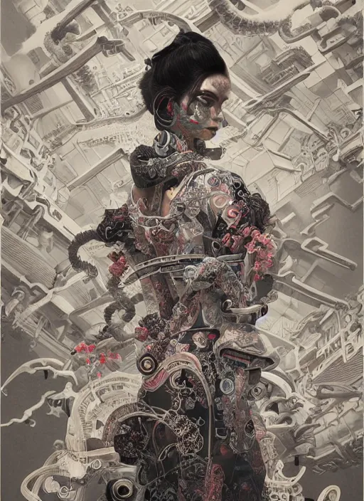 Prompt: portrait of a seductive cyberpunk geisha, yakuza, modern fine art, fractal, in the style of ghosts in the machine, intricate ornaments, elegant, highly detailed, digital photography, subsurface scattering, by mc escher and greg rutkowski,