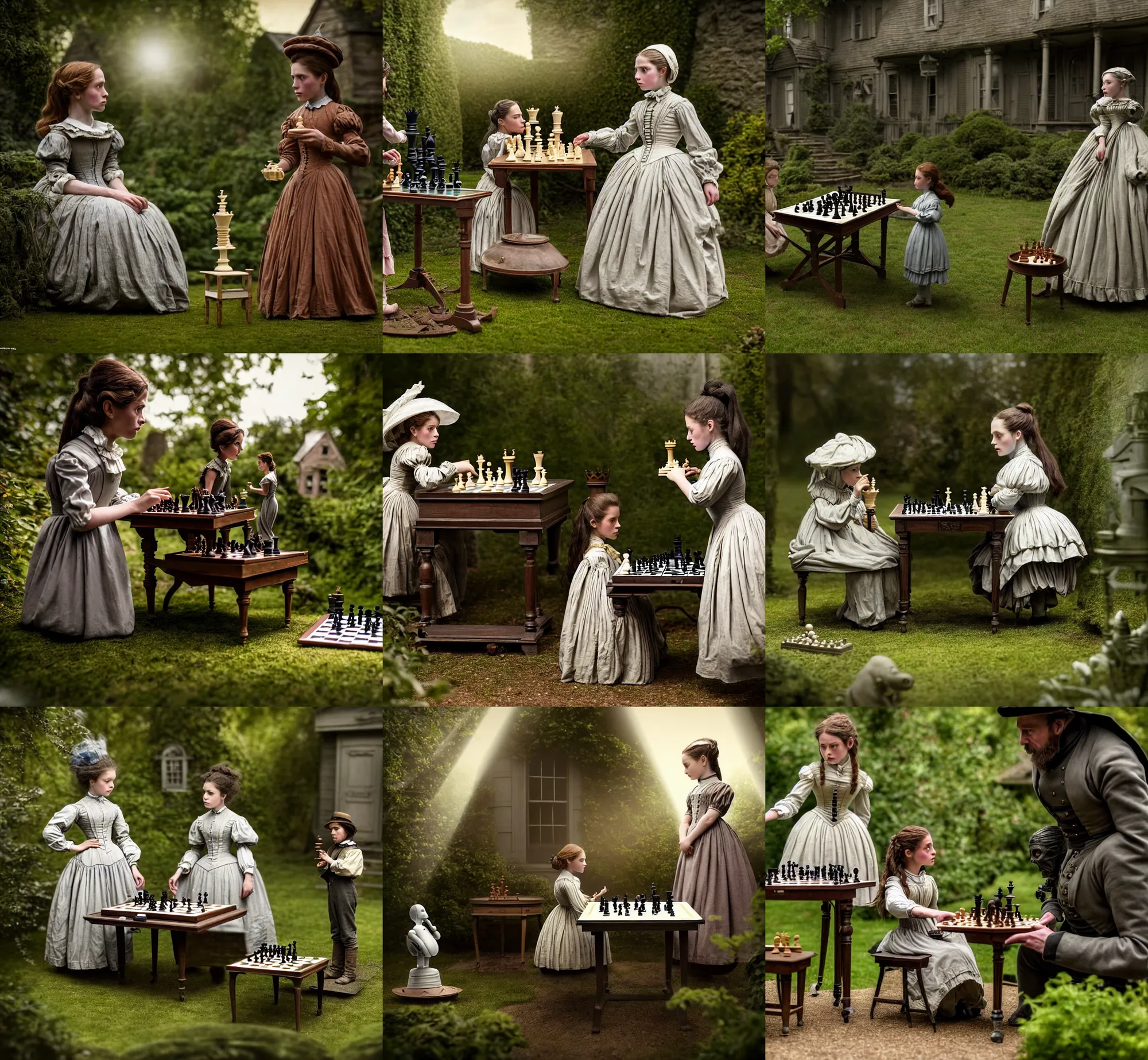 Prompt: sharp, highly detailed, film from a 2 0 1 9 sci fi 8 k movie, set in 1 8 6 0 a girl playing chess against a small cute humanoid alien, in the garden of a house, wearing 1 8 6 0 s clothes, atmospheric lighting, in focus, reflective eyes, 3 5 mm macro lens, live action, nice composition