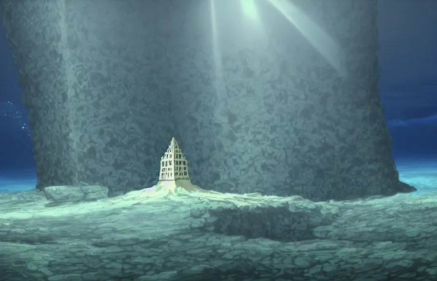 Image similar to a realistic cell - shaded cartoon from howl's moving castle ( 2 0 0 4 ) showing a white pristine pyramid underwater at the bottom of the sea. a submarine is in the ground and shafts of sunlight come from above. wide shot, very dull muted colors, hd, 4 k, hq