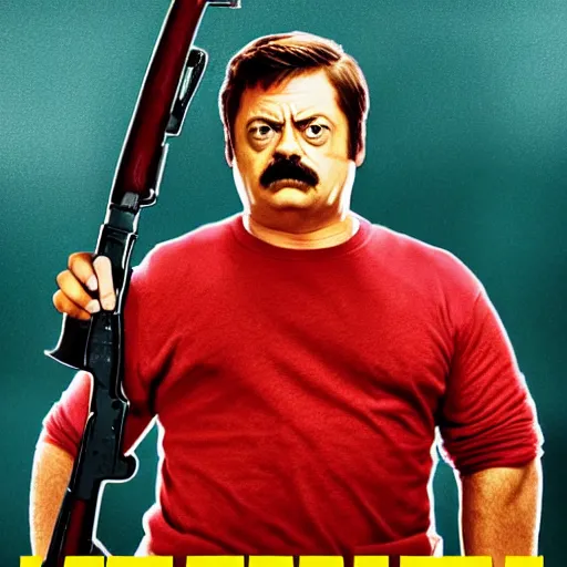 Prompt: Movie poster, Ron Swanson as Rambo, wearing red sweatband, high quality art