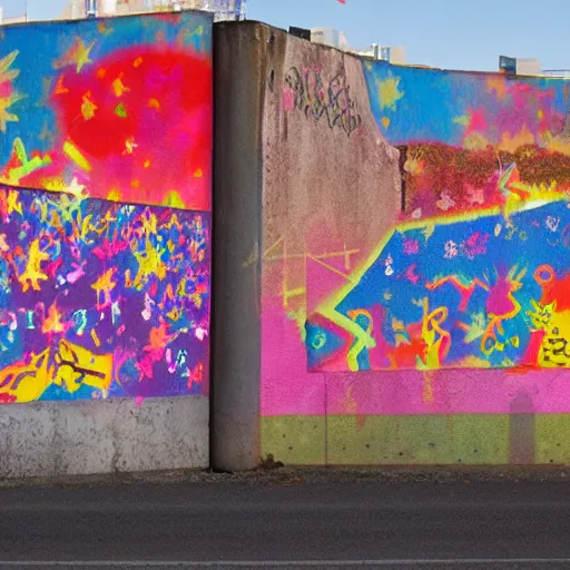 Image similar to fall of the berlin wall, in the style of lisa frank