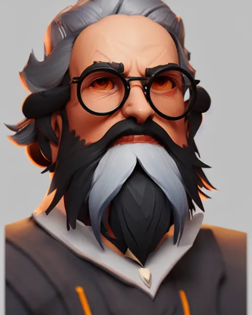 Image similar to overwatch concept art character portrait of a new character who is an elderly man with a long curly blue beard and spectacles, trending on artstation, cgsociety,