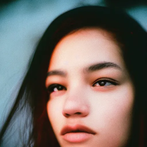 Image similar to Close up of a young woman’s face looking in the distance, captured in low light, sharp focus, detailed, cinestill 800t