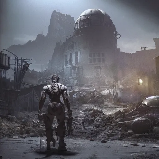 Image similar to fallout concept art supermutant render grim realistic lighting unreal engine 5