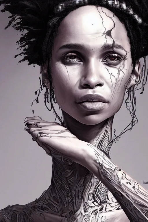 Prompt: studio portrait of zoe kravitz as death of the endless, the sandman as absurdly beautiful, elegant, young skinny idol, ultrafine hyperrealistic face illustration by kim jung gi, irakli nadar, intricate linework, sharp focus, bright colors, matte, octopath traveler, final fantasy, unreal engine highly rendered, global illumination, radiant light, intricate environment