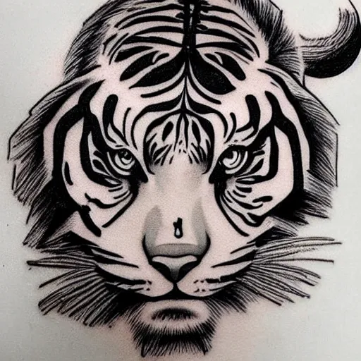 Image similar to tattoo design of a face of a beautiful girl wearing a tiger head hat, hyper detailed
