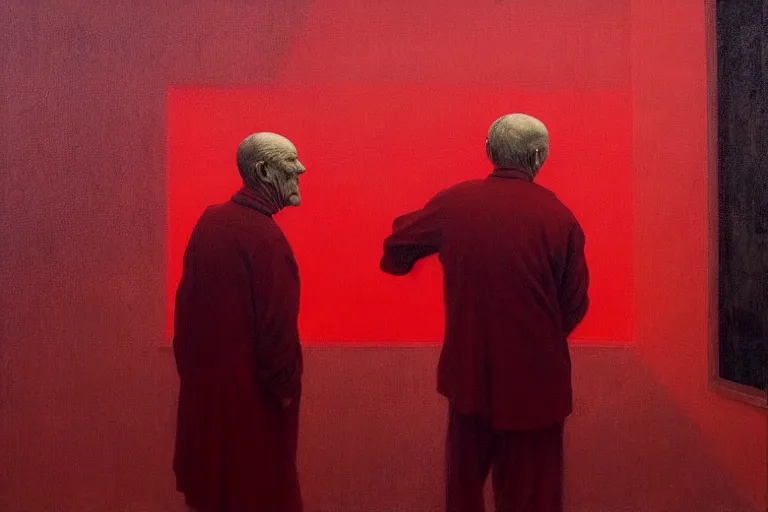 Image similar to only with red, a red old man try to sell a portrait, cheering crowd, in the style of beksinski, parts by edward hopper, parts by rodcenko, parts by yue minjun, intricate and epic composition, red by caravaggio, insanely quality, highly detailed, masterpiece, red light, artstation, 4 k