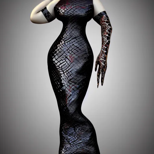 Prompt: curvy feminine hot goth cutie with elegant iridescent snakeskin leather dress, mosaic pattern, cgsociety, photorealistic, sublime ambience, idealistic, 16k, smooth, sharp focus, trending on ArtStation, volumetric lighting, fully clothed, worksafe