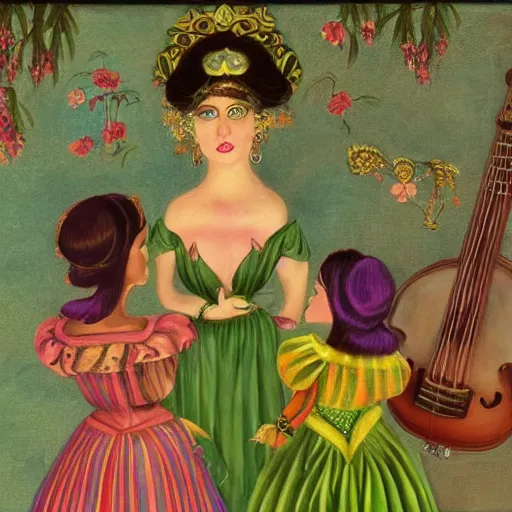 Image similar to a highly detailed painting. Beautiful radiant twin sisters and the musician Prince. Prince is green with jealousy. Cinematic Art.