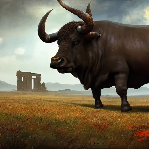 Prompt: a medium shot of a giant bull with horns decorated!!! with bells and ribbons, background is the ruins, in the steppe, autumn field, misty background, from the game pathologic 2, highly detailed, sharp focus, matte painting, by rosa bonheur, by isaac levitan and asher brown durand,