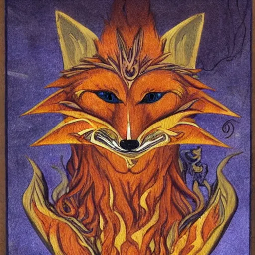 Prompt: Vulpine God of Trickery; An enormous fox with ancient glowing runes on its body and wearing a mask of wood resembling a fox's face