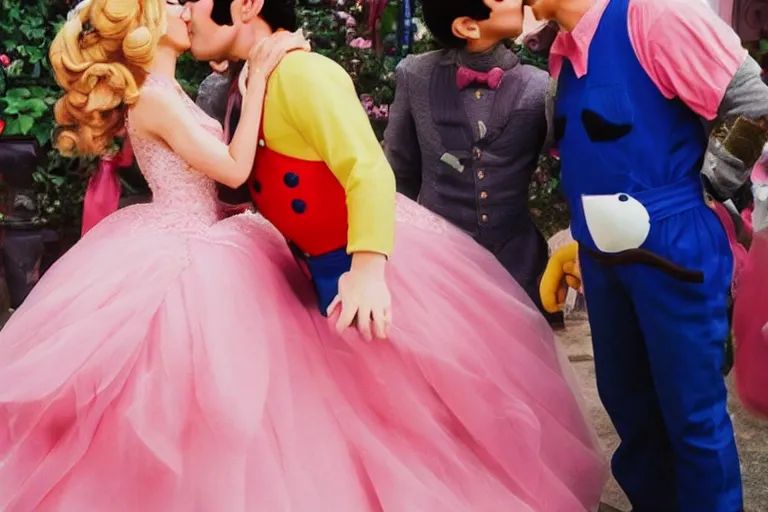 Prompt: a photo of real life mario kissing passionately a real life princess peach