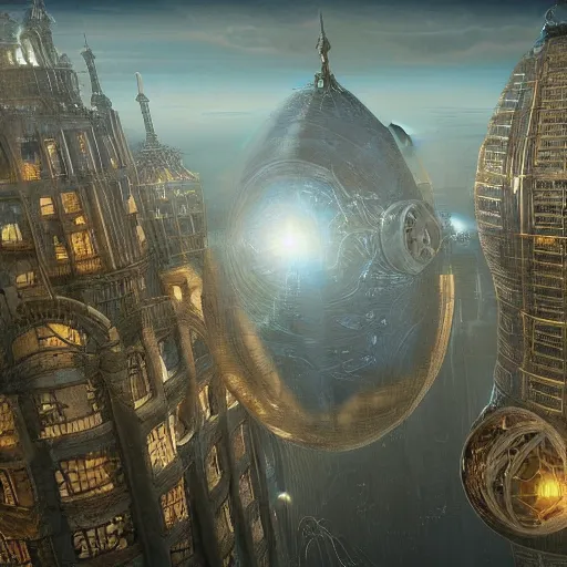 Image similar to enormous flying city in a faberge egg, sky, steampunk, fantasy art, masterpiece, unreal engine, hugh ferriss