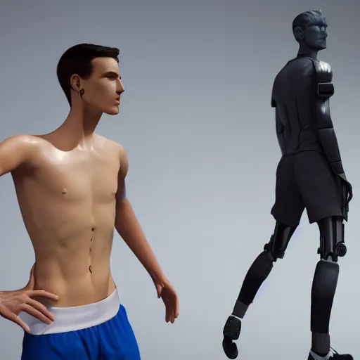 Image similar to a realistic detailed photo of a guy who is an attractive humanoid who is half robot and half humanoid, who is a male android, attractive and handsome soccer players, shiny skin, posing like a statue, blank stare, in a factory, on display, showing off his muscles, wearing soccer shorts, side view, looking at each other mindlessly