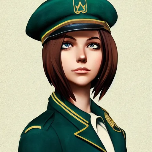 Prompt: portrait bust of young woman with long light brown hair and hazel eyes dressed in a sharp dark teal military uniform with beret, smiling, ilya kuvshinov, anime, ross tran, concept art, digital art, painting