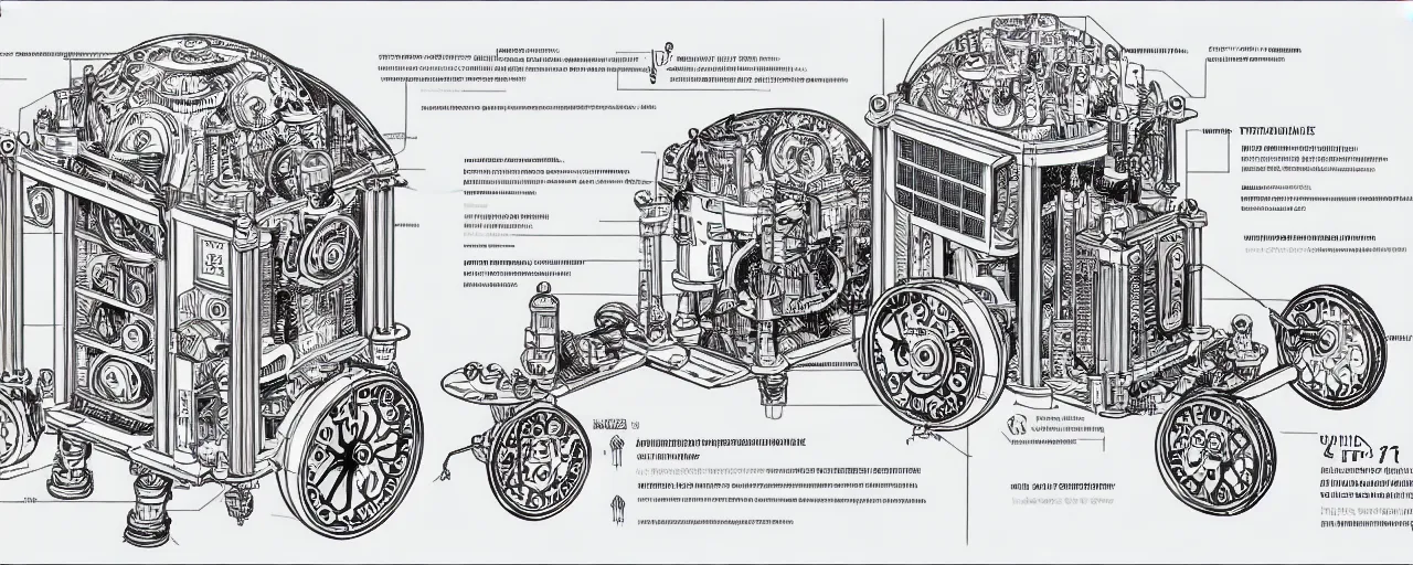 Image similar to a full page schematic diagram illustration of a timemachine, ultra detailed, 4 k, intricate, encyclopedia illustration, fine inking lines