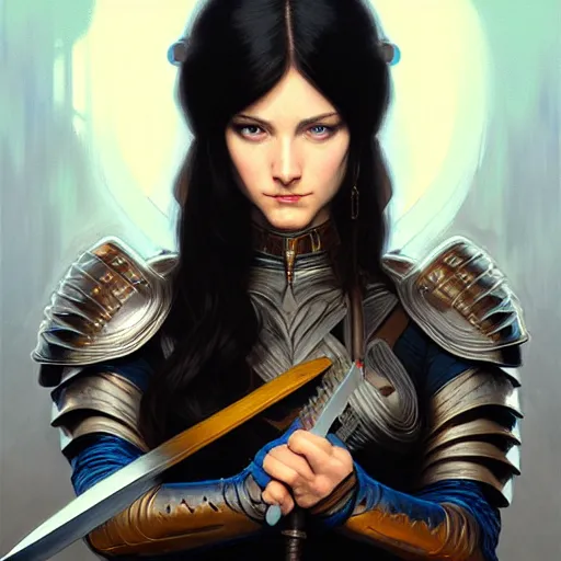 Image similar to portrait, woman dressed in plate armor with black hair and blue eyes wielding a greatsword, elegant, digital illustration, fire magic, detailed, intricate, sharp focus, digital painting, deep focus, digital painting, artstation, concept art, matte, art by artgerm and greg rutkowski and alphonse mucha