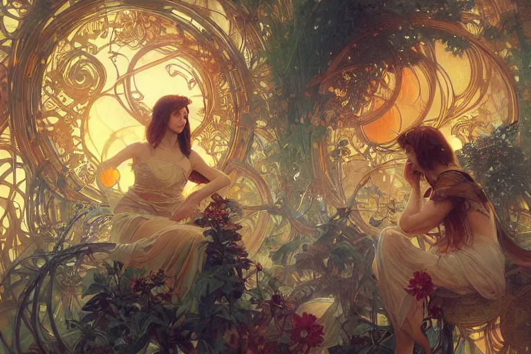 Prompt: a garden of sound, arcs of fiery neon light, swirling mystical particles and musical notes floating, beautiful, intricate, highly detailed concept art by artgerm and greg rutkowski and alphonse mucha