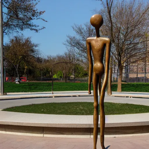 Prompt: high resolution photograph of a bronze cast stick figure sculpture in a roundabout in the style of giacometti