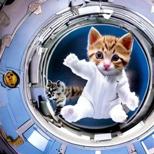 Image similar to kittens in spacesuits play in outer space on the Webb telescope. Blockbuster, cinematic, cgi