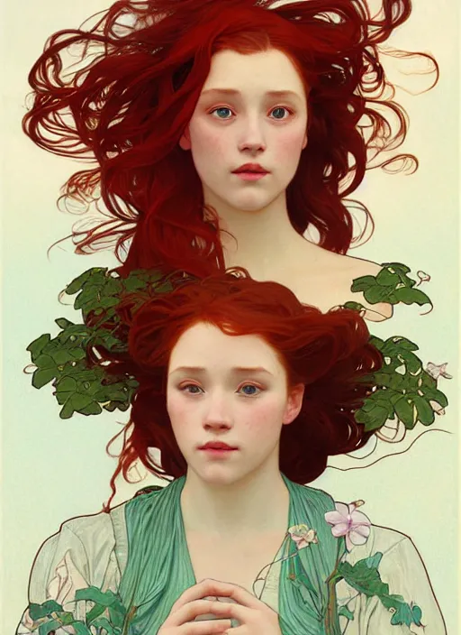 Prompt: pretty young woman resembling alicia vikander with long red hair, half body shot, path traced, highly detailed, high quality, digital painting, by studio ghibli and alphonse mucha, leesha hannigan, hidari, art nouveau, chiho aoshima, jules bastien - lepage