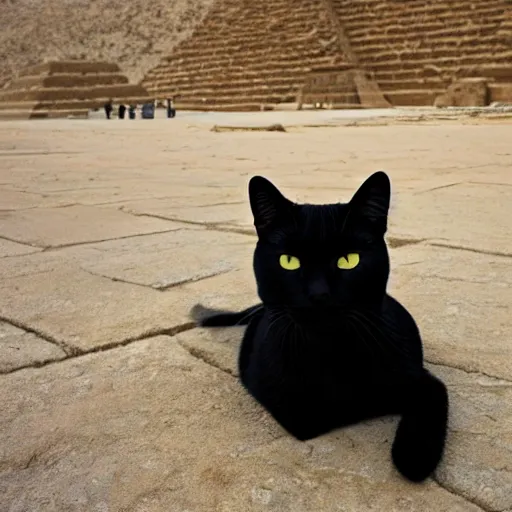 Prompt: a black egyptian cat in front of the great pyramid, fancy aforned gold black cat