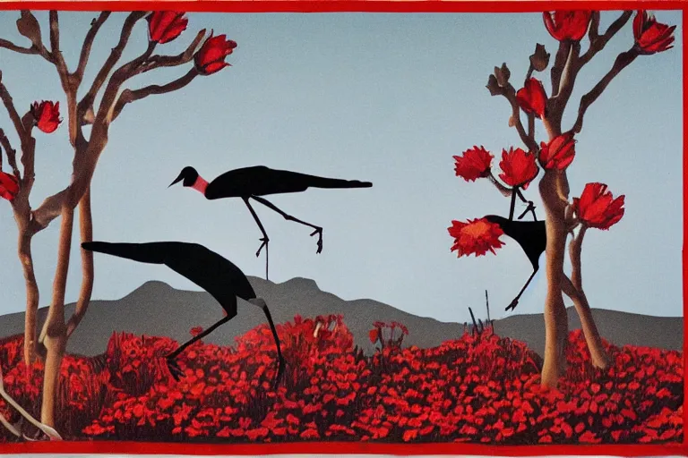 Image similar to ballet dancers crows, train far, eye - flowers, blooming hills with spring flowers, trees make from bones, red liquid splashes, monsters, and pillars by helen lundeberg