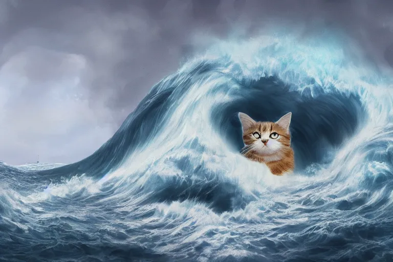 Image similar to cat peeking out from behind a giant tsunami wave, digital painting, epic composition, highly detailed, 8 k