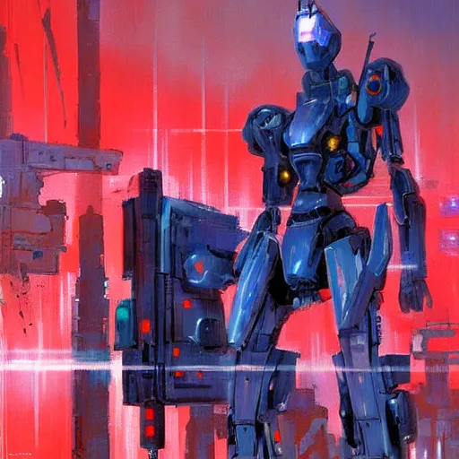 Image similar to arasaka mech, cyberpunk, art by jeff catherine jones, red and blue neon