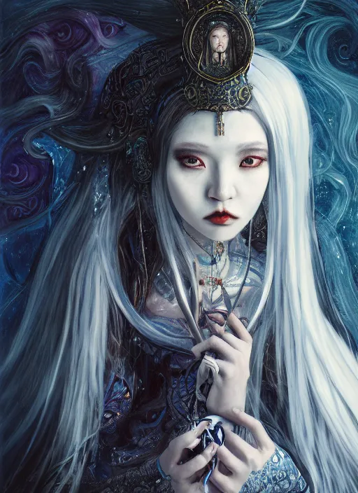 Image similar to breathtaking detailed art portrait painting of evil fantasy sorceress vampire, orthodox saint, with anxious, piercing eyes, ornate background, amalgamation of spells, by Hsiao-Ron Cheng, James jean, Miho Hirano, Hayao Miyazaki, extremely moody lighting, Black paper, cut paper texture, Full of light-blue and silver and white layers, 8K