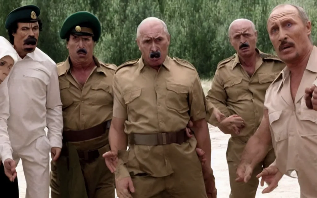 Image similar to horror film human centipede with lukashenko putin gaddafi in roles movie screenshot