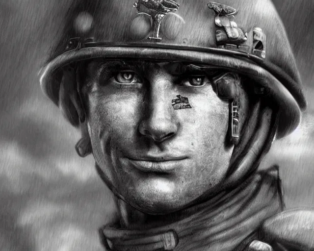 Image similar to A soldier talking to a cat in world war 1, close-up, realistic face, beautiful face detail, mature facial features, black and white, amazing digital art, hyper detailed, artstation, in the style of Tony Sart