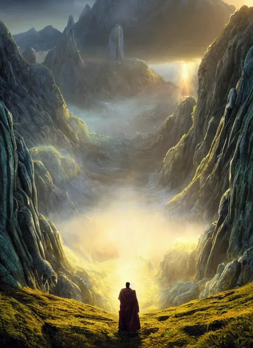 Prompt: a cosmic monk in lord of the rings scenery landscape, looking out at a gigantic alien temple, lush valley, sunrise, god's rays, highly detailed, vivid color, cinematic lighting, perfect composition, 8 k, gustave dore, derek zabrocki, greg rutkowski, belsinski, octane render