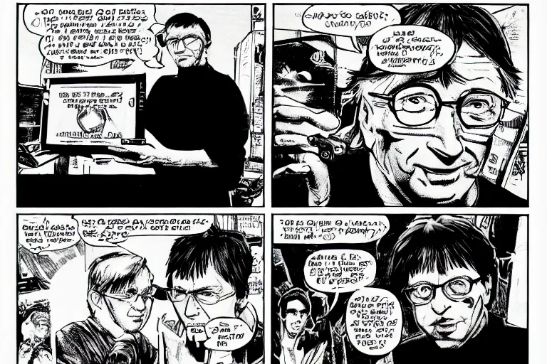 Image similar to bill gates, presenting the microsoft xbox at ces 2 0 0 1, a page from cyberpunk 2 0 2 0, style of paolo parente, style of mike jackson, adam smasher, johnny silverhand, 1 9 9 0 s comic book style, white background, ink drawing, black and white