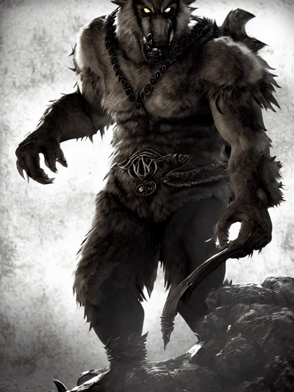 Image similar to cute handsome cuddly burly surly relaxed calm timid werewolf from van helsing unreal engine hyperreallistic render 8k character concept art masterpiece screenshot from the video game the Elder Scrolls V: Skyrim