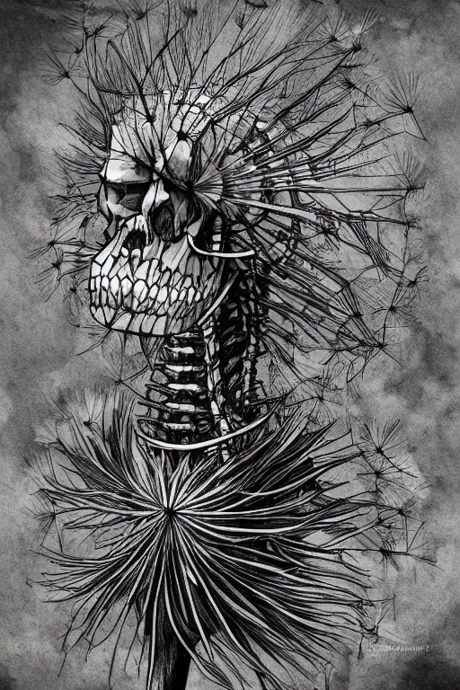 Image similar to a dandelion skeleton hybrid monster, highly detailed, digital art, sharp focus, trending on art station, plant, anime art style