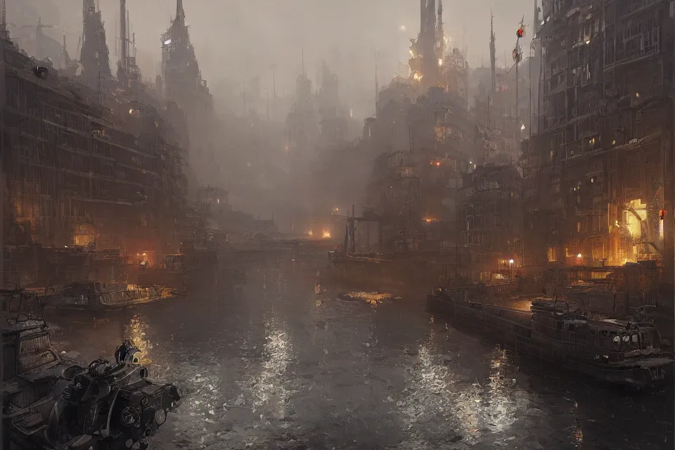 Image similar to highly detailed painting of dieselpunk stockholm, river, by greg rutkowski, 4 k resolution, trending on artstation