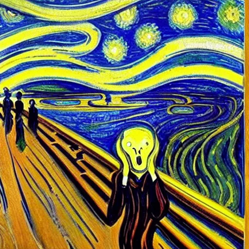 Image similar to painting of edvard munch's the scream with van gogh's the starry night in the background, detailed, unreal engine
